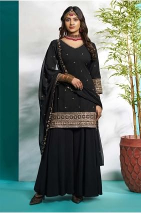 Black Faux georgette Embroidered Sharara Suit with Dupatta SS1230