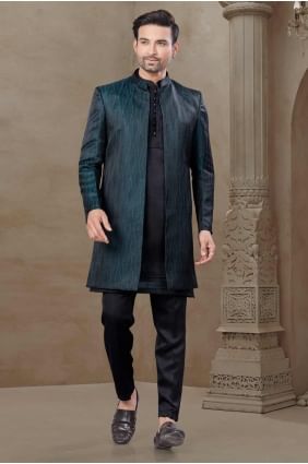 Black Men Kurta Pajama With Waistcoat in Silk with Printed KURR524