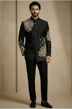 Satin Black Men Kurta Pajama With Waistcoat in Embroidered KURR239