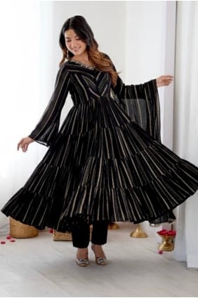 Black Chanderi silk Mirror Anarkali Suit with Dupatta AS4215