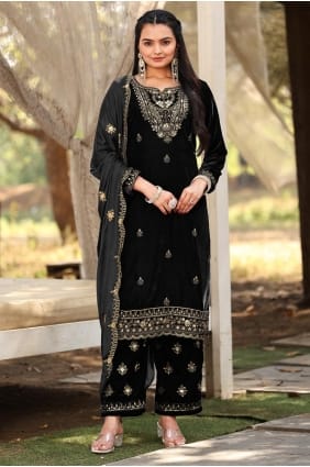 Black Palazzo Suit in Embroidered Velvet PZ4226