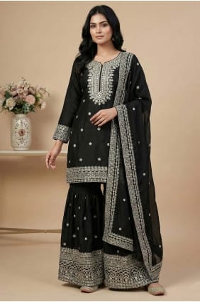 Silk Black Palazzo Suit in Sequins PZ4378