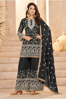 Thread Georgette Eid Palazzo Suit in Black with Dupatta PZ4316