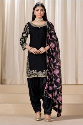 Silk Black Patiala Suit in Printed PS2431