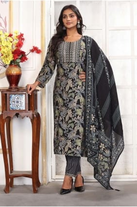 Salwar Kameez in Black Chanderi with Printed SK155910