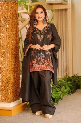 Black Silk Printed Salwar Kameez with Dupatta SK15905