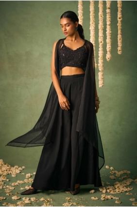 Black Printed Straight Pant Suit in Chiffon SK155239