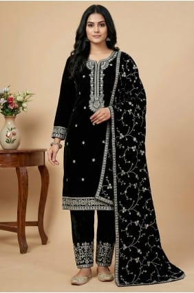 Embroidered Salwar Kameez in Black Velvet SK15651