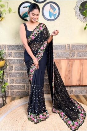 Black Saree in Sequins thread Georgette SR28472