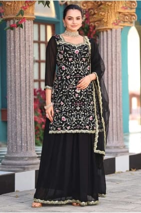 Georgette Sharara Suit in Black with Embroidered SS1281