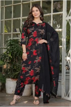 Black Straight Pant Suit in Printed Silk SK155251
