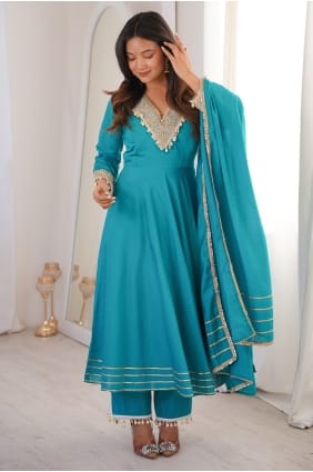 Anarkali Suit in Blue Silk with Embroidered AS4351