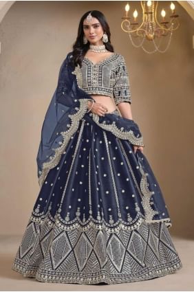 Blue Embroidered Art silk Wedding Lehenga Choli LC8348