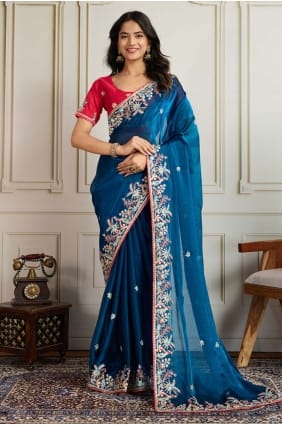 Blue Saree in Chiffon with Embroidered SR28930