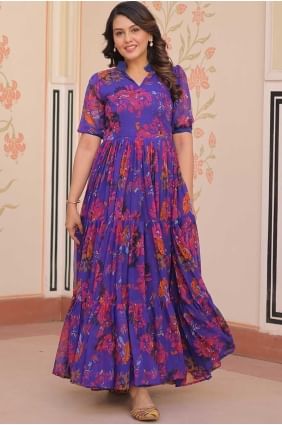 Blue Georgette Gown Dress with Printed GW1141