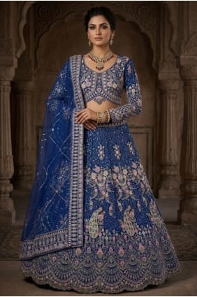 Blue Sequins Lehenga Choli in Net LC9081