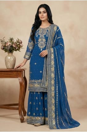 Sequins Palazzo Suit in Blue Faux georgette PZ4383