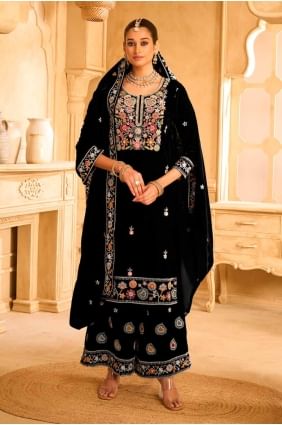 Blue Palazzo Suit with Embroidered Velvet PZ4153