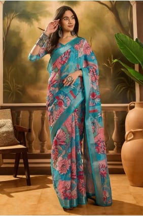 Linen Printed Blue Saree with Blouse SR29327