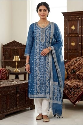 Hand Work Salwar Kameez in Blue Cotton SK159147