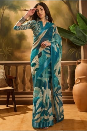 Printed Saree in Blue Linen SR29320