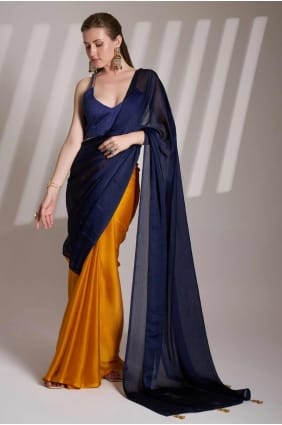 Blue Saree in Printed Satin SR28134