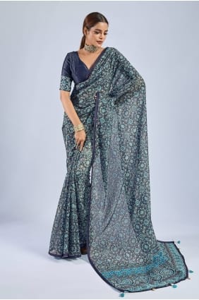 Blue Printed Chiffon Saree SR29978
