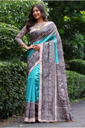 Printed Silk Blue Saree with Blouse SR29618