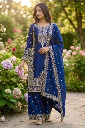 Sequins Eid Salwar Kameez in Blue Silk SK155991