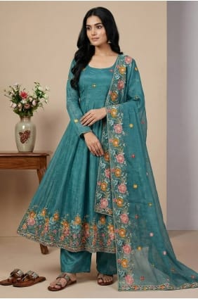 Blue Sequins Anarkali Suit in Silk AS4279