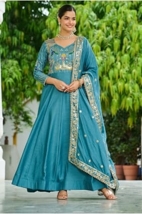 Silk Blue Gown Dress in Sequins GW1215