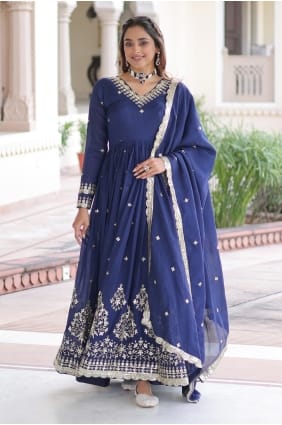 Silk Gown Dress in Blue with Embroidered GW1218