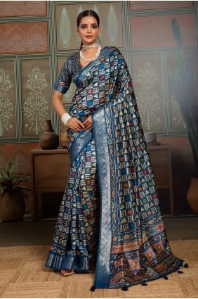 Printed Silk Saree in Blue with Blouse SR30024