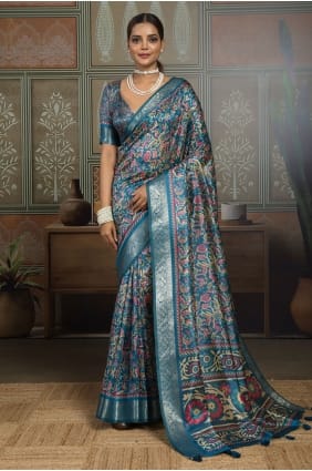 Printed Silk Saree in Blue with Blouse SR30027