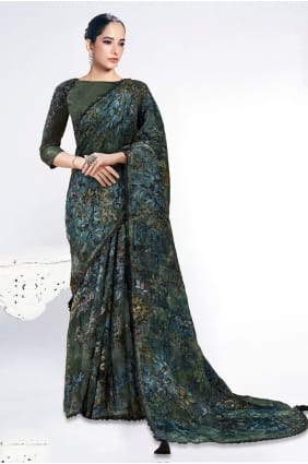 Embroidered Brasso Saree in Green SR28958