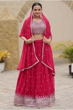Bright maroon Faux georgette Embroidered Party Lehenga Choli with Dupatta LC8285