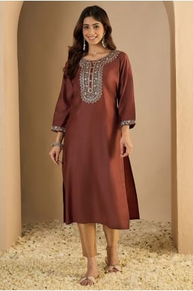 Embroidered Silk Brown Kurti with Dupatta KTI2720