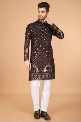 Brown Men Kurta with Embroidered Viscose KURR529