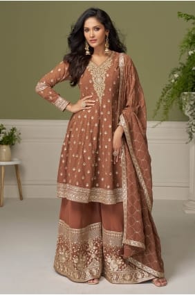 Embroidered Palazzo Suit in Brown Georgette PZ4455