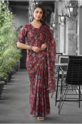 Brown Printed Saree in Georgette SR28330