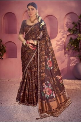 Brown Saree with Printed Silk SR29065