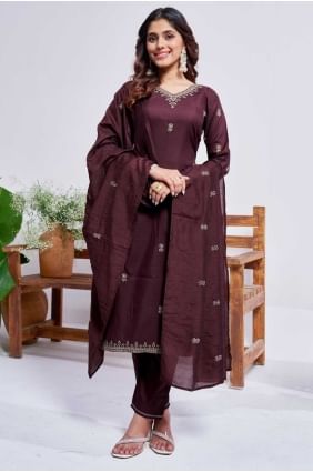 Embroidered Salwar Kameez in Brown Rayon SK155762