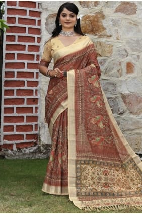 Printed Saree in Brown Cotton SR29078