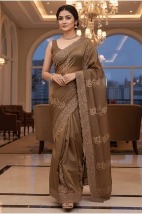 Brown Embroidered Satin Saree with Blouse SR29909