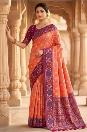Carrot pink Patola silk Saree with Embroidered SR30117
