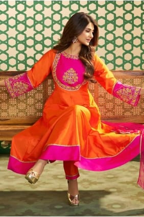 Embroidered Chanderi Salwar Kameez in Orange AS4337