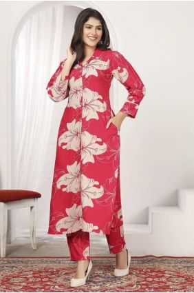 Chanderi Digital print Red Straight Pant Suit with Dupatta SK155193