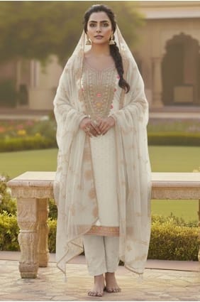 Chanderi Salwar Kameez with Embroidered in Off white SK15691