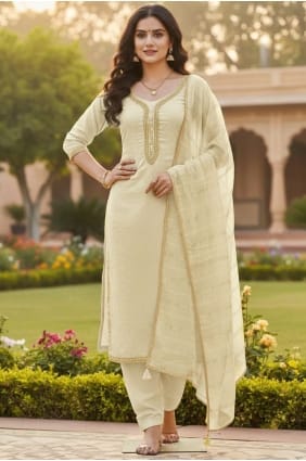 Embroidered Chanderi Salwar Kameez in Off white with Dupatta SK15687