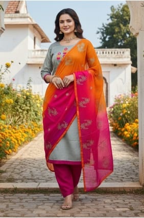 Embroidered Chanderi Salwar Kameez in Grey with Dupatta SK15806
